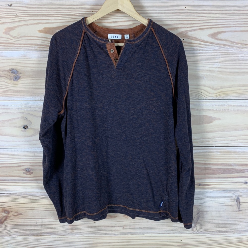 ROWM Henley Men Large Blue Rust Space Dye Raglan Long Sleeve Cotton Casual Shirt